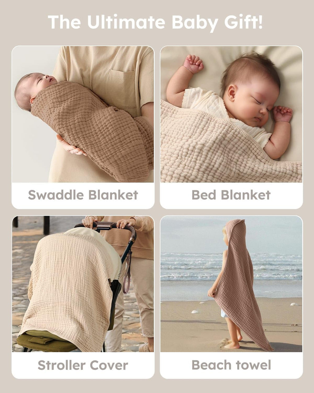 Yoofoss Hooded Baby Towels - 100% Muslin Organic Cotton, Soft & Absorbent, 2 Pack, 32x32 Inch, Beige & Coffee