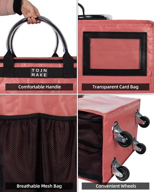 TOJNMAKE Reusable Grocery Bag On Wheels Shopping Trolley with 8 Pockets and Zipper Cover Foldable Rolling Tote, Heavy Duty Handles, Carries Up to 22 LBS (Small, Pink)
