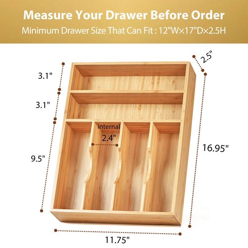 Umilife Kitchen Drawer Organizer, 12 Inch Silverware Utensil Tray Holder, Extra Deep, with Non-Slip Feet & Grooved Drawer Divider, 6 Slots Total Bamboo Wood Caddy for Flatware Cutlery Knives