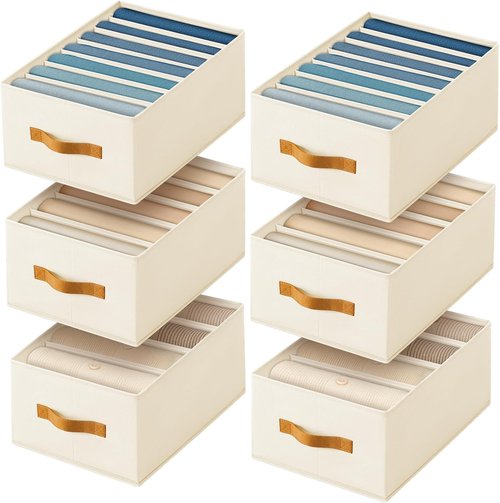 Homsorout Clothes Organizer - Foldable Fabric Jeans & Sweater Storage with Handles | 6 Pack, Beige