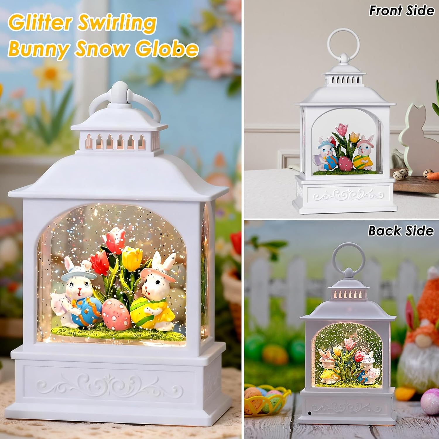 Skiennix Easter Bunny Snow Globe - Glitter Lantern with Timer for Spring Decor | 6 Hours