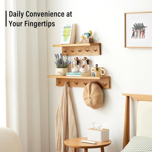 Rsuwiz Wall Hooks with Shelf Oak Wood Coat Rack Shelf Wall Mounted, Entryway Shelves with 6 Metal Hangers for Clothes Hats Towel for Bathroom, Bedroom, Living Room (Natural, 27.5 inches)