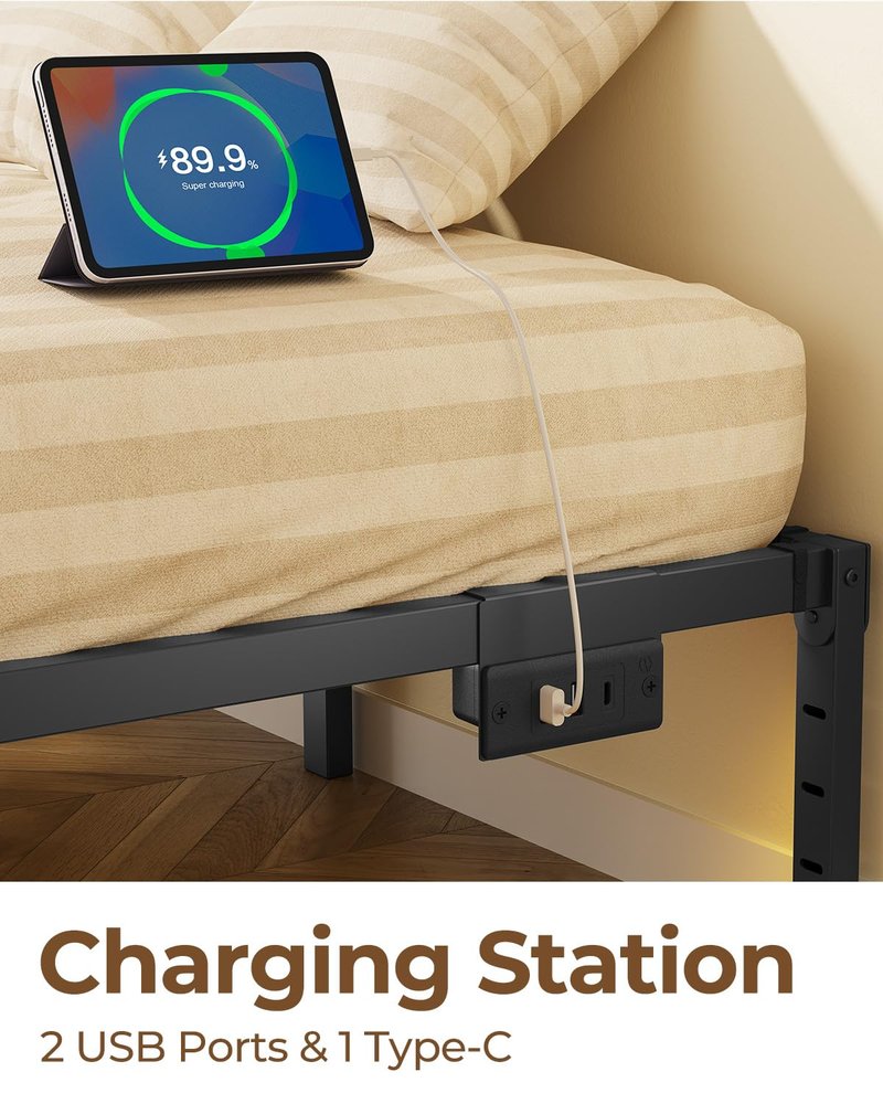 Rolanstar Bed Frame with USB Charging Station, Twin Bed Frame with LED Lights, Platform Bed Frame with Heavy Duty Steel Slats, 14" Storage Space Beneath Bed