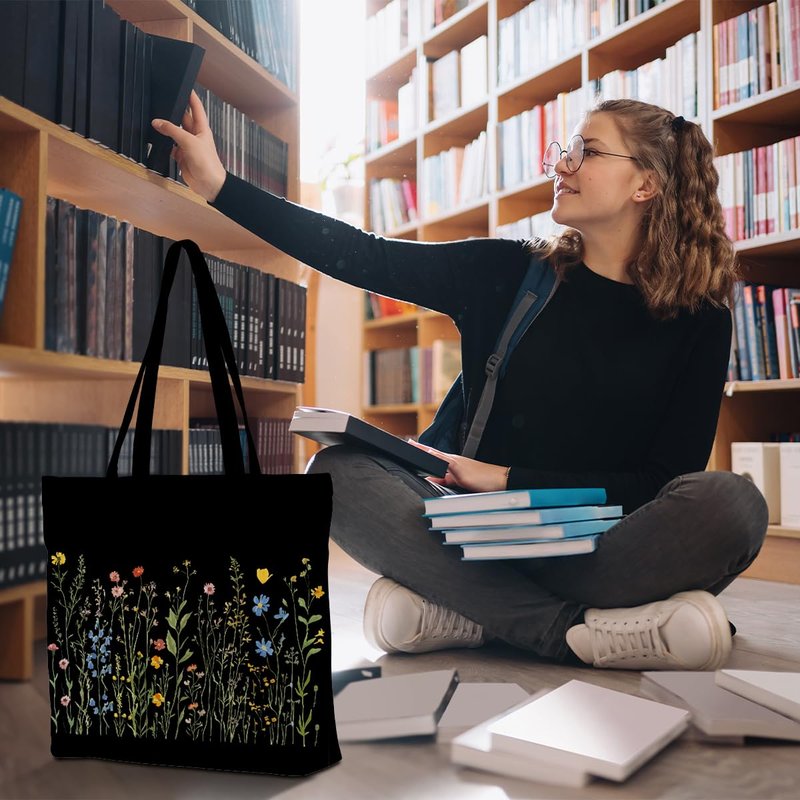 Wildflower Canvas Tote Bag Aesthetic Canvas Bag with Pocket for Shopping Work Gym Botanical Large Reusable Grocery Bags Gifts for Women Bridesmaid Flower Appreciation Birthday Friendship Christmas