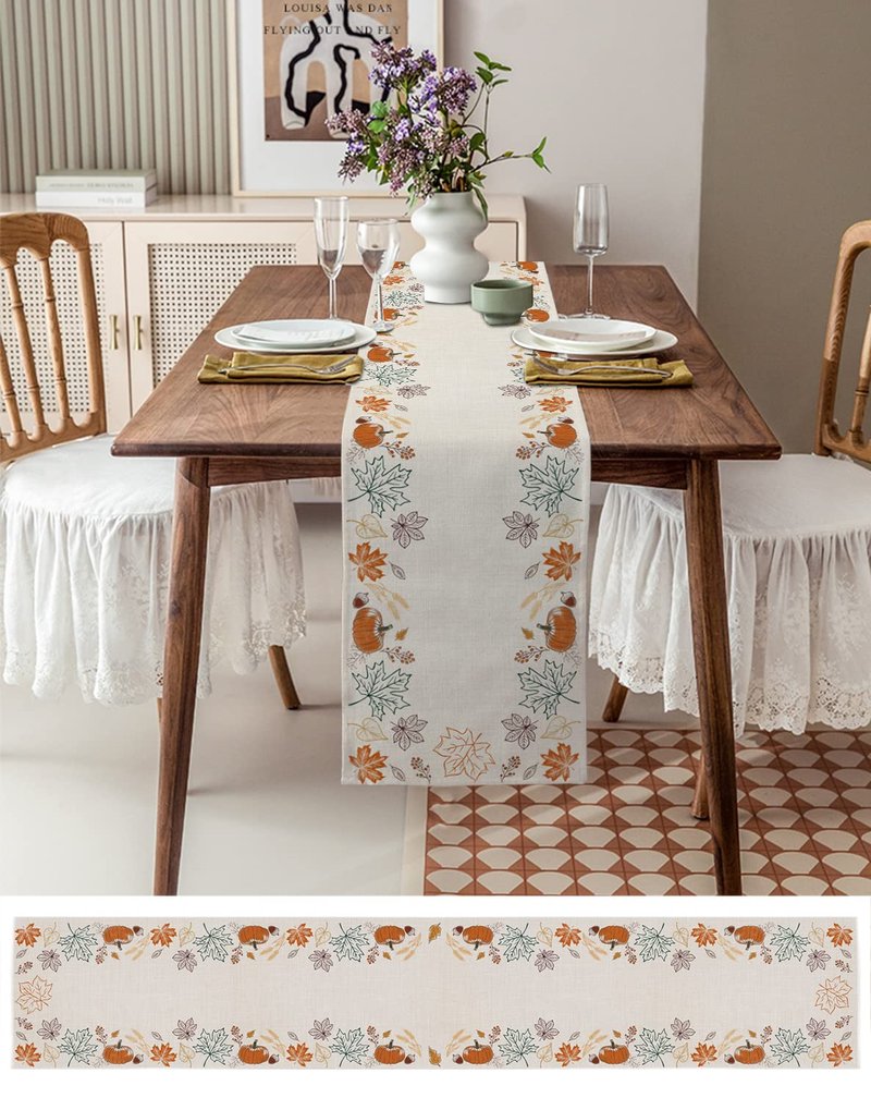 Fall Table Runners 108 Inches Long Pumpkin Pine Cones Maple Leaf Autumn Leaves Thanksgiving Runners for Dining Tables Dinner Runner Kitchen Party Table Decoration