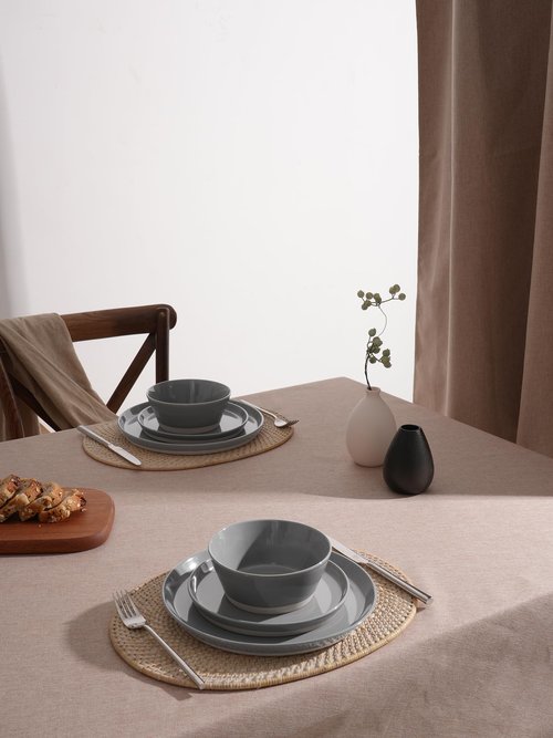 Famiware Saturn Dinnerware Sets for 4, 12 Pieces Stoneware Plates and Bowls Dish Set - Chip and Scratch Resistant, Microwave and Dishwasher Safe Tableware, Dark Gray