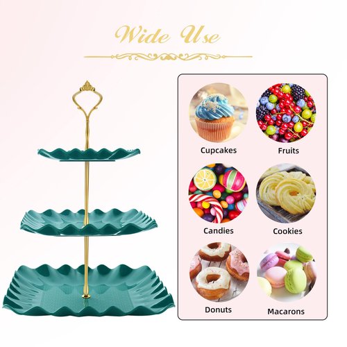 DAFURIET Dessert Cupcake Stand, 3 Tier Cup Cake Holder Tower for Tea Party/Birthday/Wedding, Plastic Tiered Serving Tray with Metal Rod (Green)