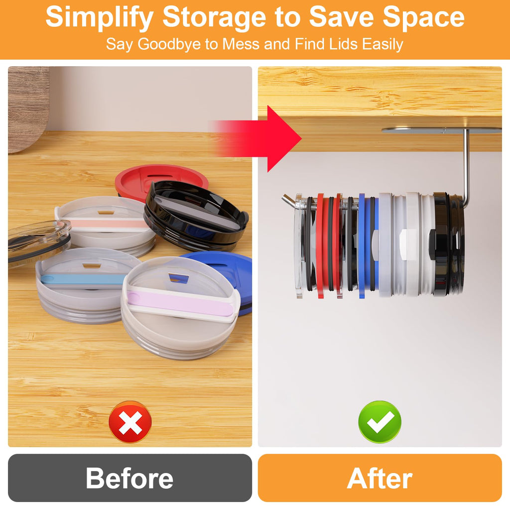 Keepamor 4 Pack Tumbler Lid Organizer, Space Saving Cup Lid Organizer for Yeti/Stanley/Simple Modern Tumbler Lids, Self-Adhesive or Drilling Tumbler Lid Hook for Kitchen Organizers and Storage