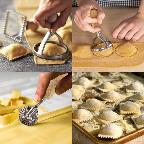 MASTER FENG Ravioli Stamp Maker Cutter with Roller Wheel Set, Mold with Wooden Handle and Fluted Edge, Pasta Press Kitchen Attachment (MF-1246)