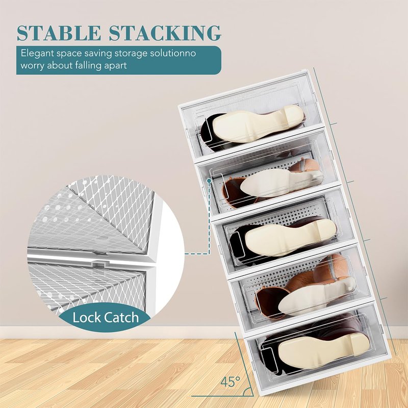 WAYTRIM Modern Clear White Foldable Boots Storage Box, 8 Pack Plastic Shoe Container, 20.5" x 11.8" x 5.5" - Large Capacity, Anti-Dumping, Transparent, Stackable, Ventilated
