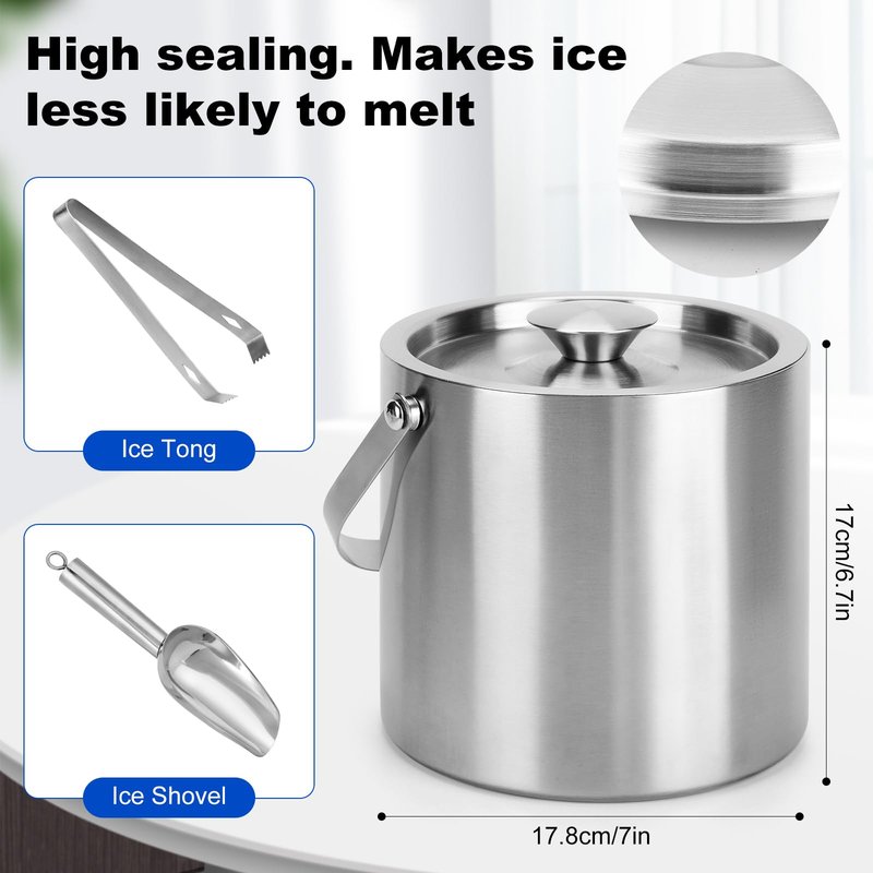 Yeatruojeet Ice Bucket, 3L Double Wall Insulated Ice Bucket with Lid,Scoop,Tongs- Inner Layer 304 Stainless Steel Ice Container Keep Ice Frozen Longer- Ideal for Cocktail Bar,Parties,Chilling Beer Win