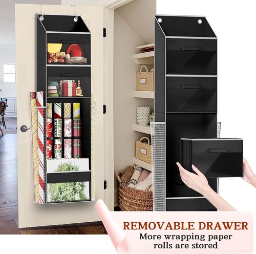 Black Over Door Wrapping Paper Organizer by [Brand Name] - 3 Removable Drawers & Side Pockets | Dual Use Design for Christmas Gift Wrap Storage