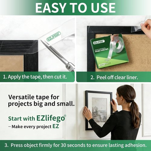 EZlifego Double Sided Tape - Heavy Duty Nano Adhesive for Picture Hanging | 9.85FT Clear Strips