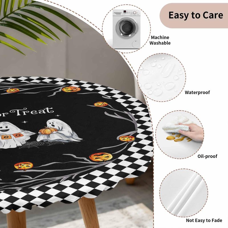 Halloween Fitted Tablecloth for Round Table,Trick Or Treat Quotes Table Cover with Elastic Edge Waterproof Table Cloth,Pumpkin Ghost Face Black White Plaid Table Covers for Kitchen Indoor 45-54in