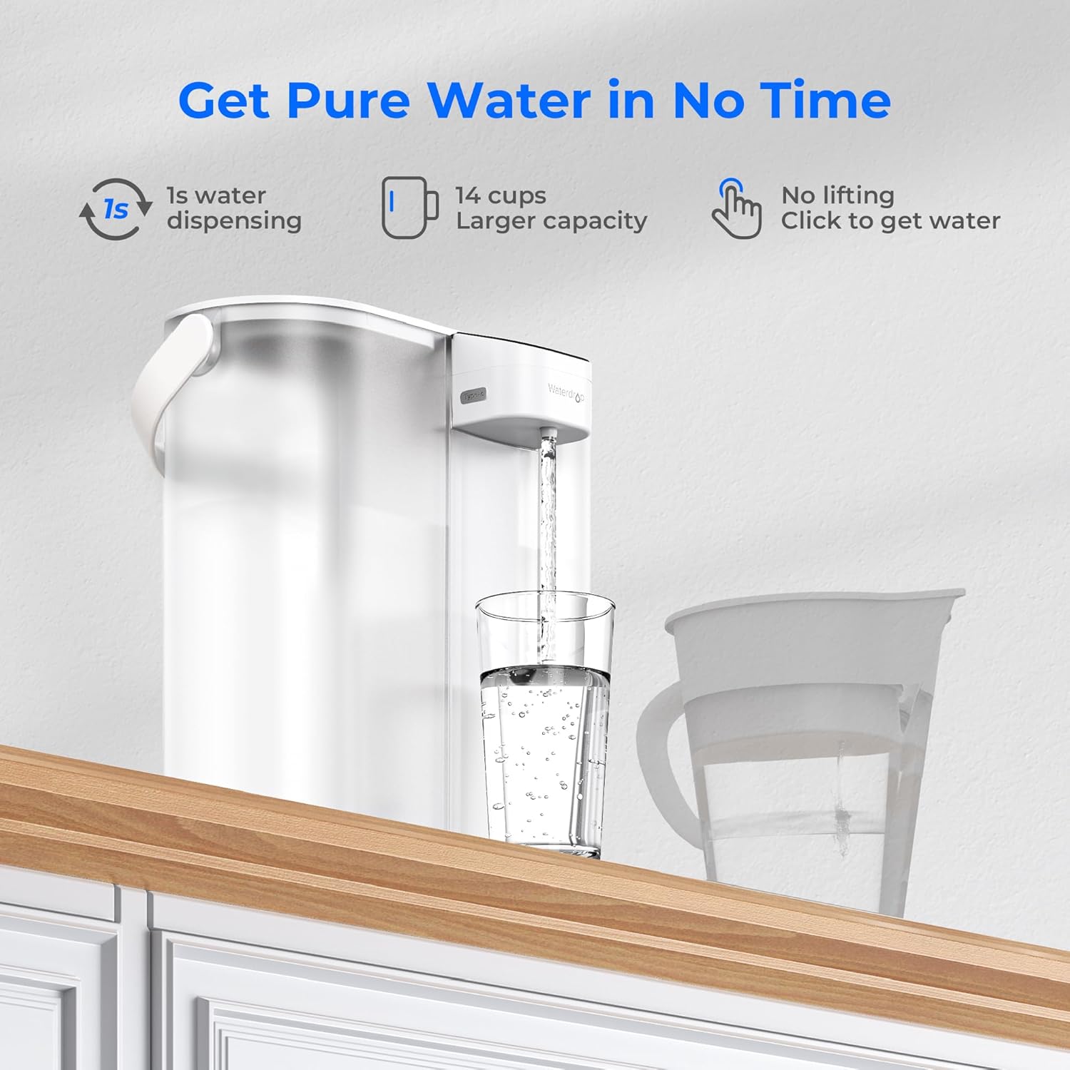 Waterdrop Electric Water Filter Pitcher - 200-Gallon Rechargeable Dispenser | 14-Cup, White, Reduces PFOA/PFOS, Lead, Chlorine