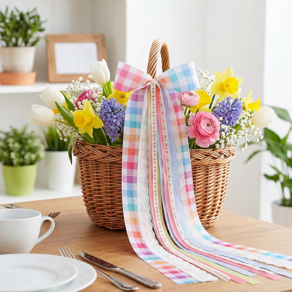 Riceshoot Large Spring Wreath Sash - Pink Plaid Bow & Clip for Front Door | 9.84'' x 23.62'' Easter Decor