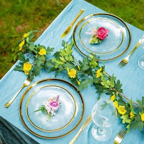 NUPTIO Charger Dinner Plates Set: Glass Gold Rim Chargers Under Plate 2PCS Clear Tray Round Salad Dish for Dining Wedding Party Christmas Reception Banquet Event Dessert Table Decoration 7.8 10 Inch