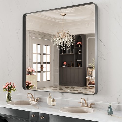 LOAAO Black Metal Framed Bathroom Mirror - 40x38 Inch Matte Black Vanity Mirror | Anti-Rust, Tempered Glass, Versatile Hanging Options