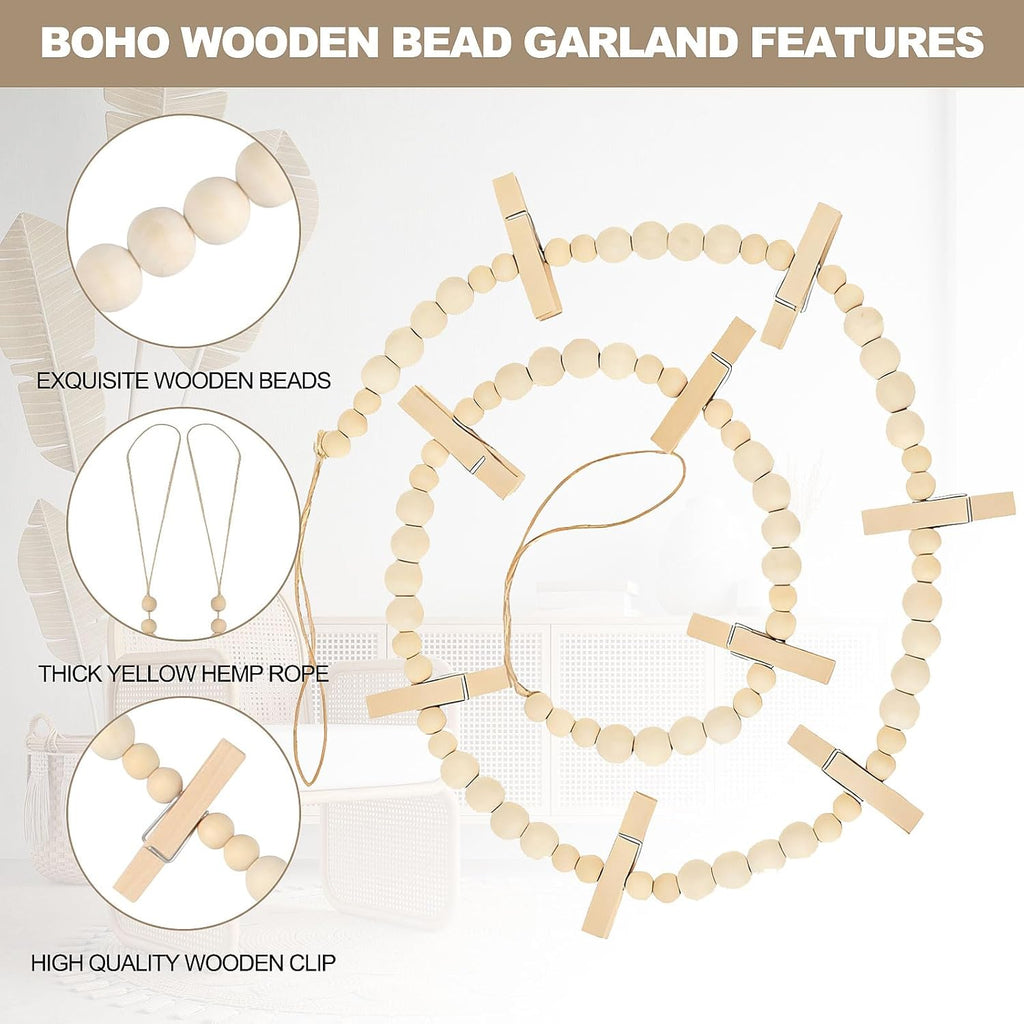 Skiennix Hanging Photo Display - Boho Wooden Bead Garland Wall Decor with 9 Clips | Ideal for Bedroom, Living Room, Dorm & Office