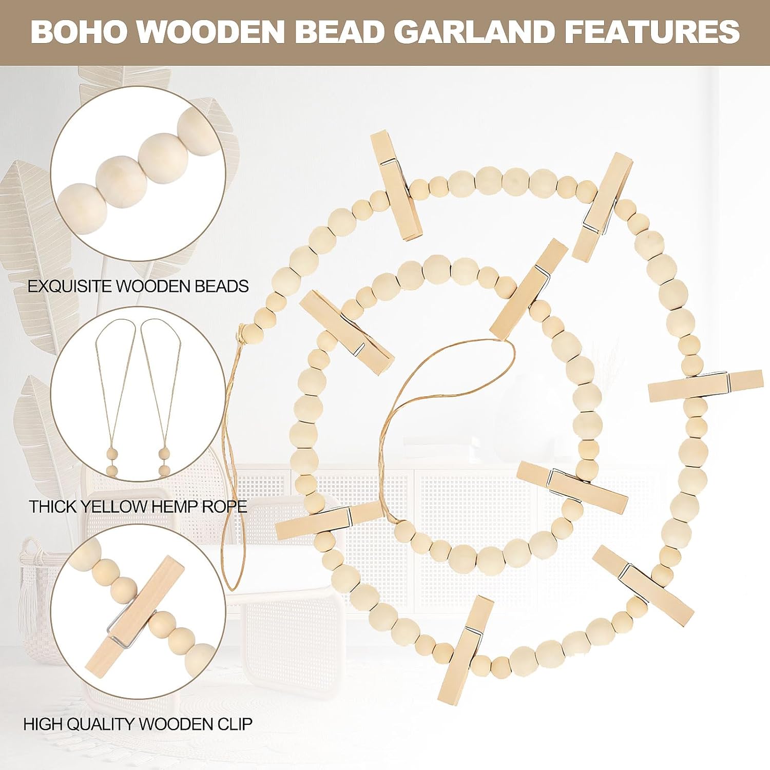 Skiennix Hanging Photo Display - Boho Wooden Bead Garland Wall Decor with 9 Clips | Ideal for Bedroom, Living Room, Dorm & Office