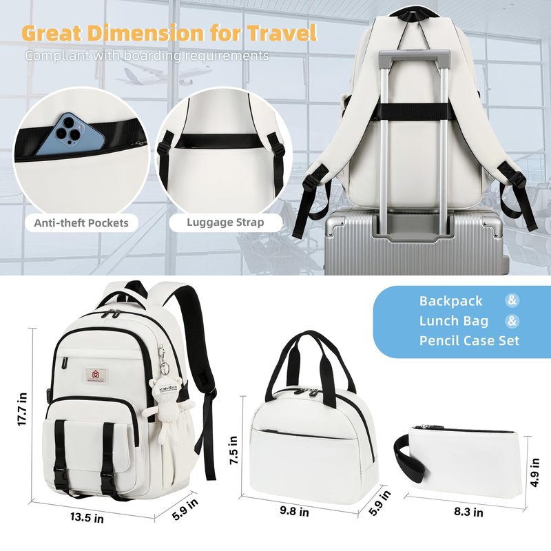 Hidds School Backpack for Teen Girls Women College Laptop Backpacks 3 Pcs Kids Cute Bookbag Set with Lunch Box Pencil Case Elementary Middle High School Bag Students Backpack Set Travel Daypack-Beige