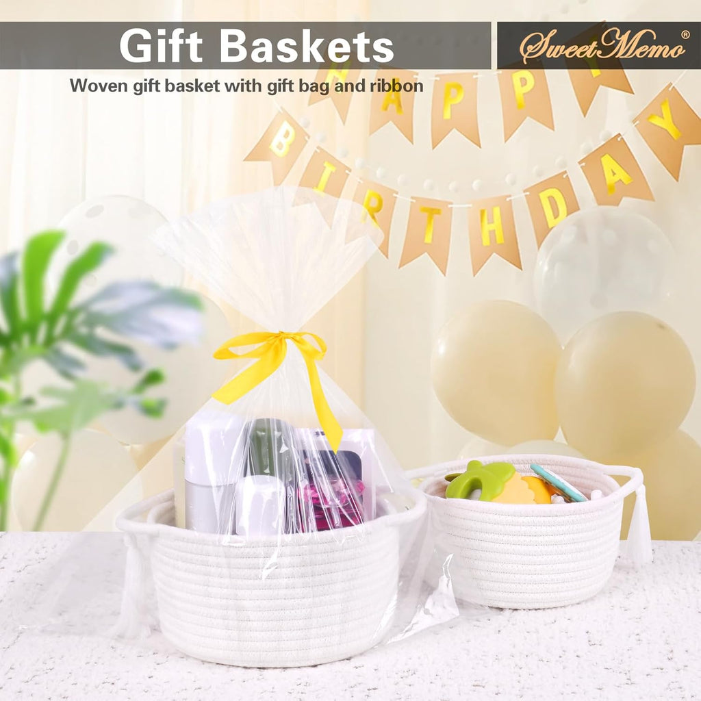 SweetMemo Small White Gift Basket - Decorative Woven Basket for Kids & Baby Showers | Mini Cotton Rope Bin with Handles