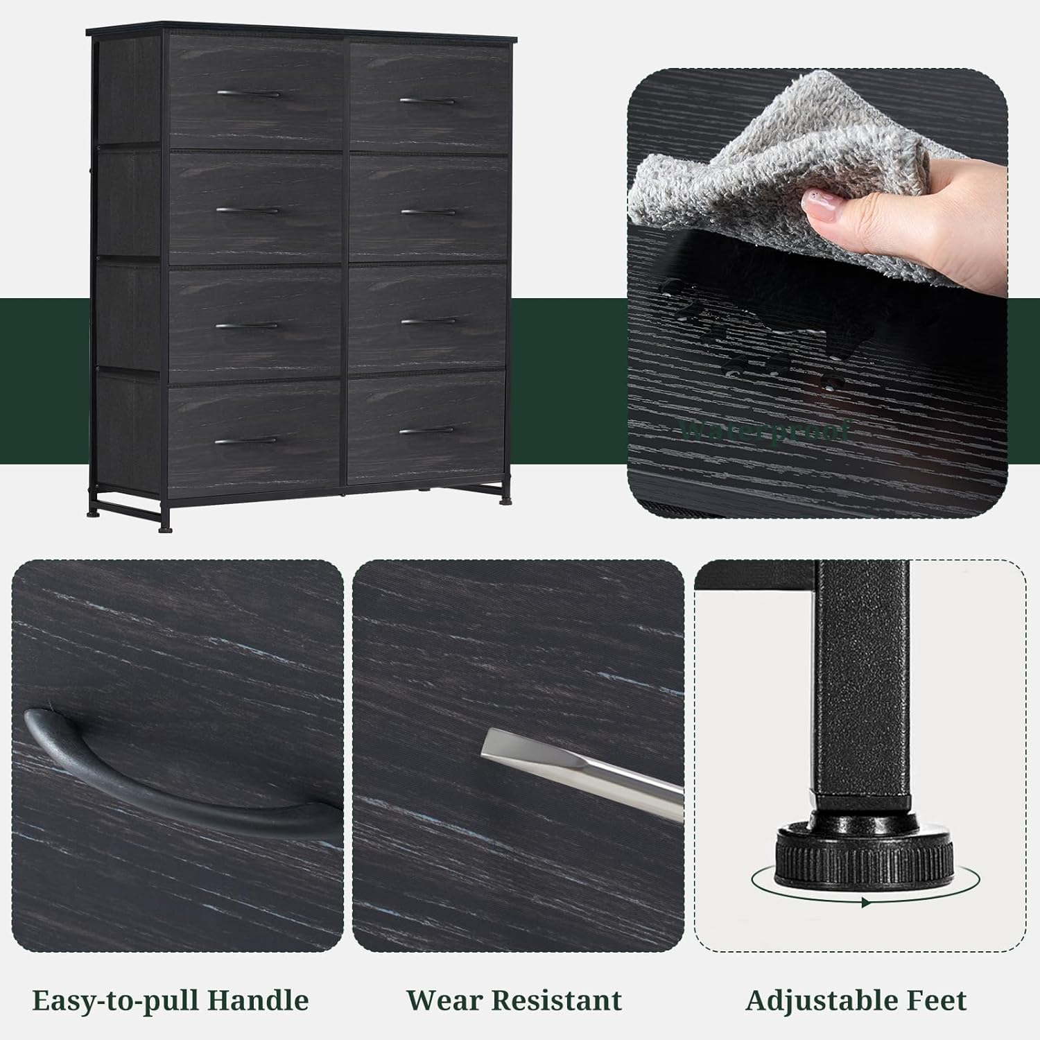 Skiennix 8-Drawer Dresser - Anti-Tip Tall Storage Organizer with Wooden Top & Metal Frame | Charcoal Black