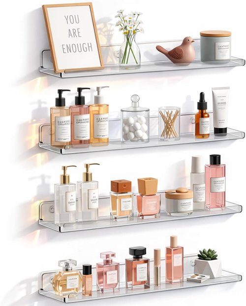 Lifewit Floating Shelves - Acrylic Wall Organizer for Perfume & Makeup | 14" Clear Decor Rack (4 Pack)