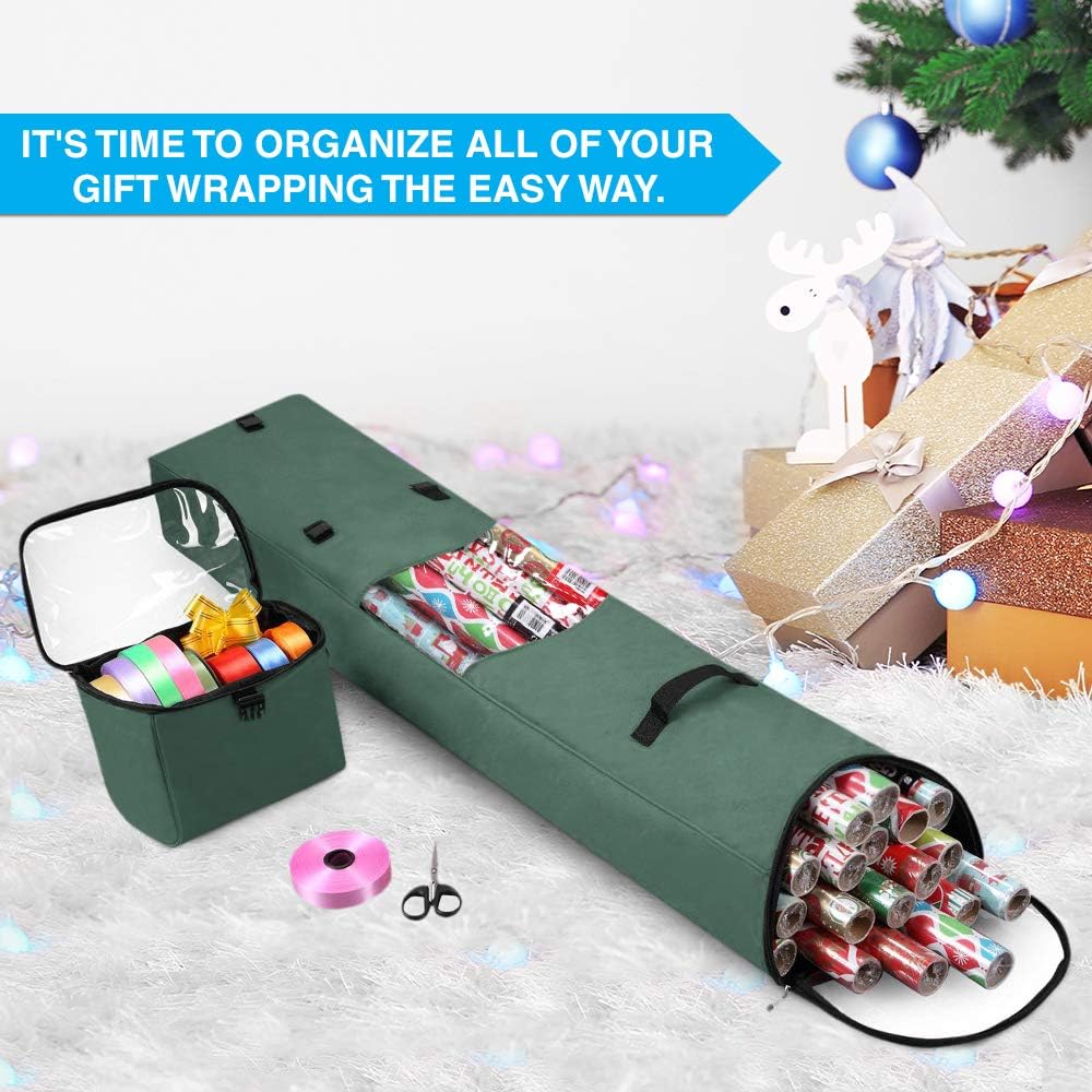 Primode Heavy Duty Christmas Gift Wrap Storage Bag - Long Wrapping Paper Organizer with Detachable Tote | 48" x 10" x 5" (Green)