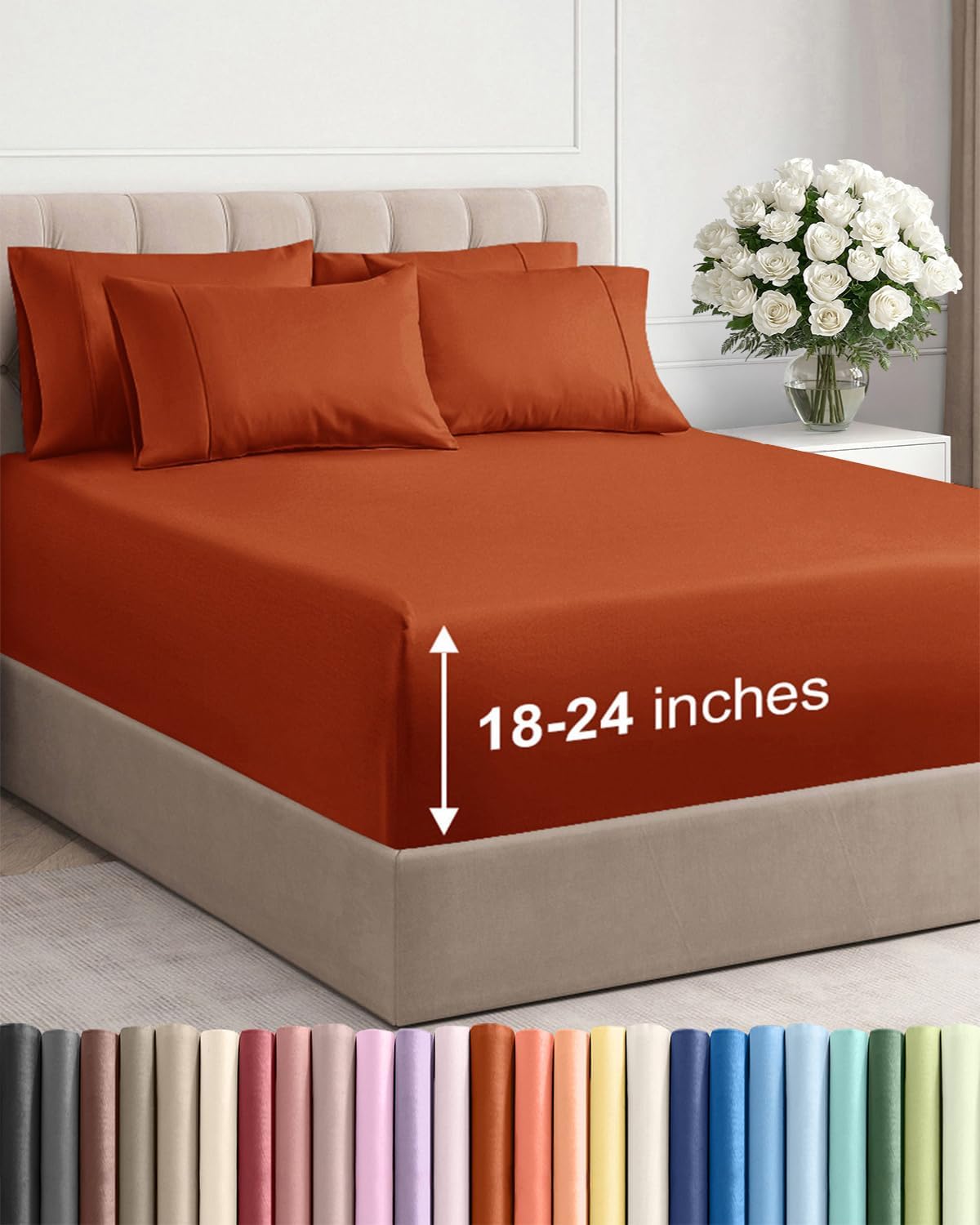 Skiennix Extra Deep Queen Sheet Set - 6 Piece Breathable Cooling Bedding - Soft, Wrinkle-Free Terracotta