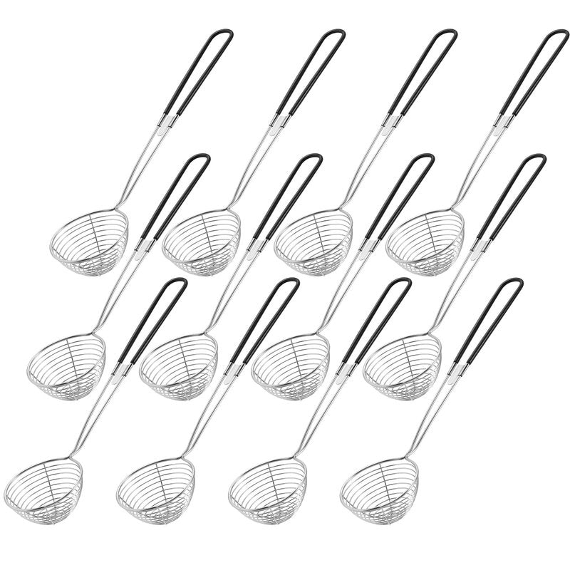 Geiserailie 12 Pieces Hot Pot Kit Strainer Scoops Stainless Steel 2.5 Inch Mini Spider Strainer Skimmer Pasta Mesh Spoon Asian Skimmer Spoon Ladle with Handle for Home (Black)