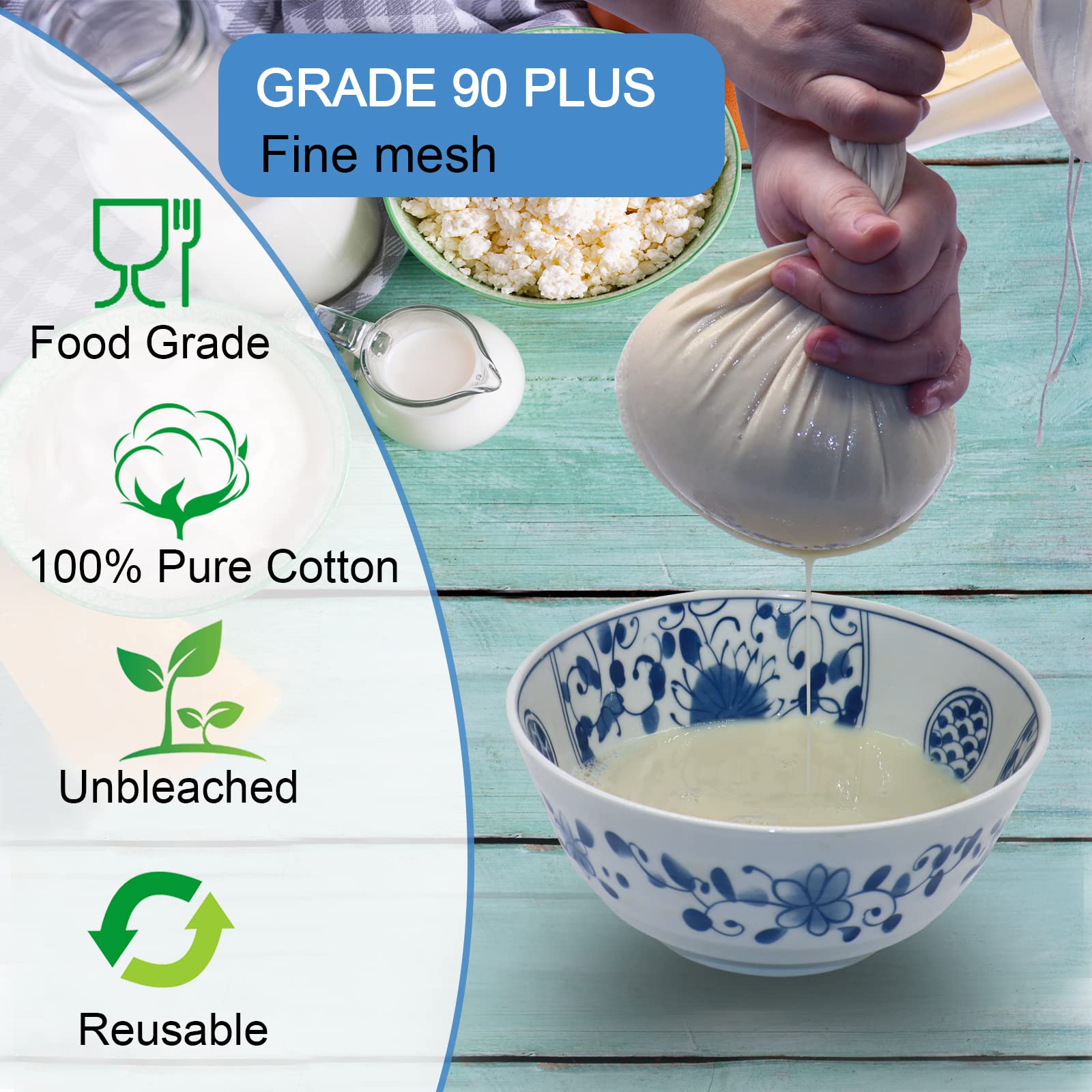 6 Pack 14"x14" Nut Milk Bags - 100% Unbleached Cotton, Food Strainer, Reusable Cheesecloth,Straining Almond/Oat/Soy Milk, Cold Brew Coffee, Cloth Bag for Cheese/Yogurt/Juice/Tea/Wine/Soup/Herbs