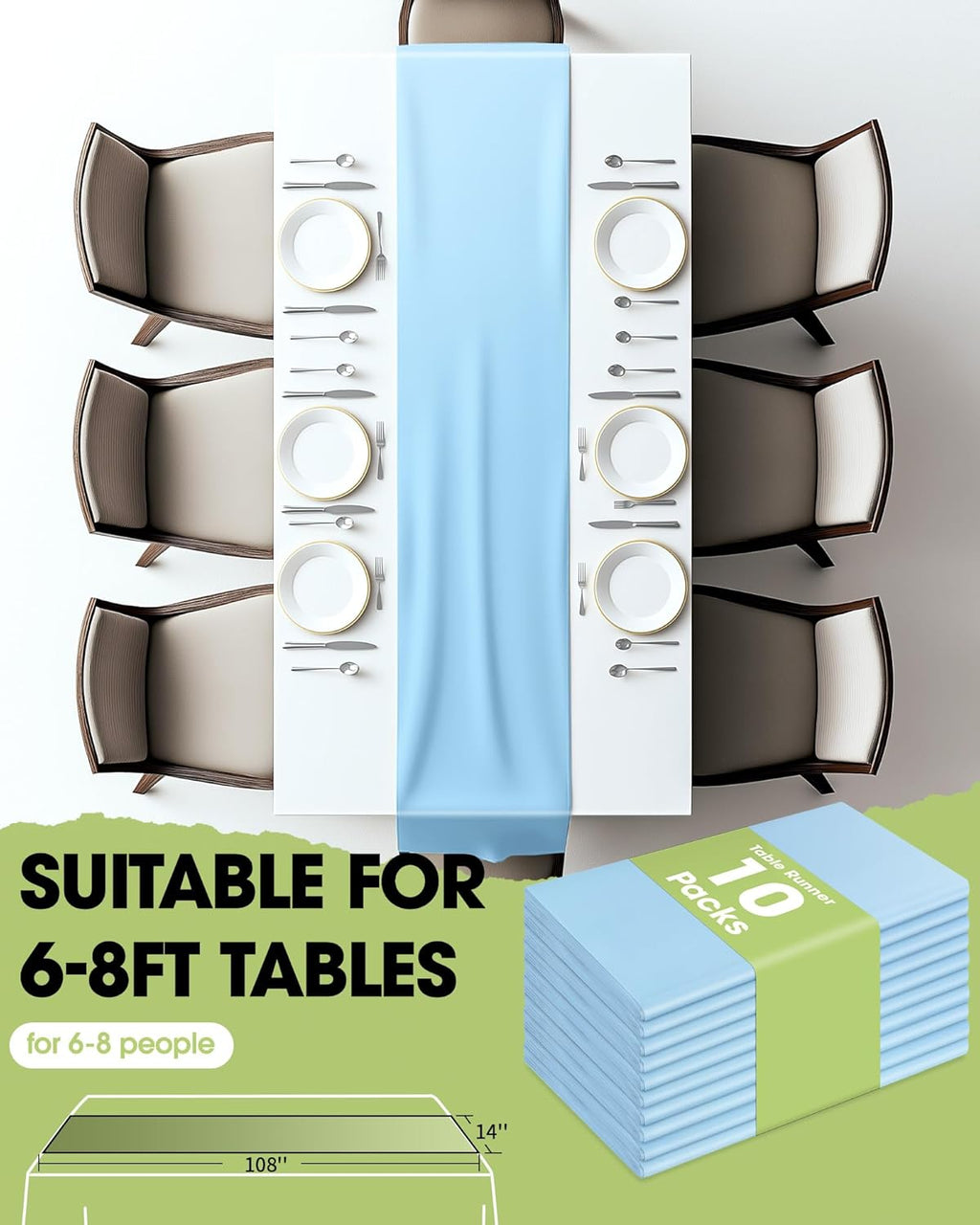 Pureegg Light Blue Plastic Table Runners - 10 Pack, 14'' x 108'', Water-Resistant & Disposable for Weddings, Parties, and Home Decor