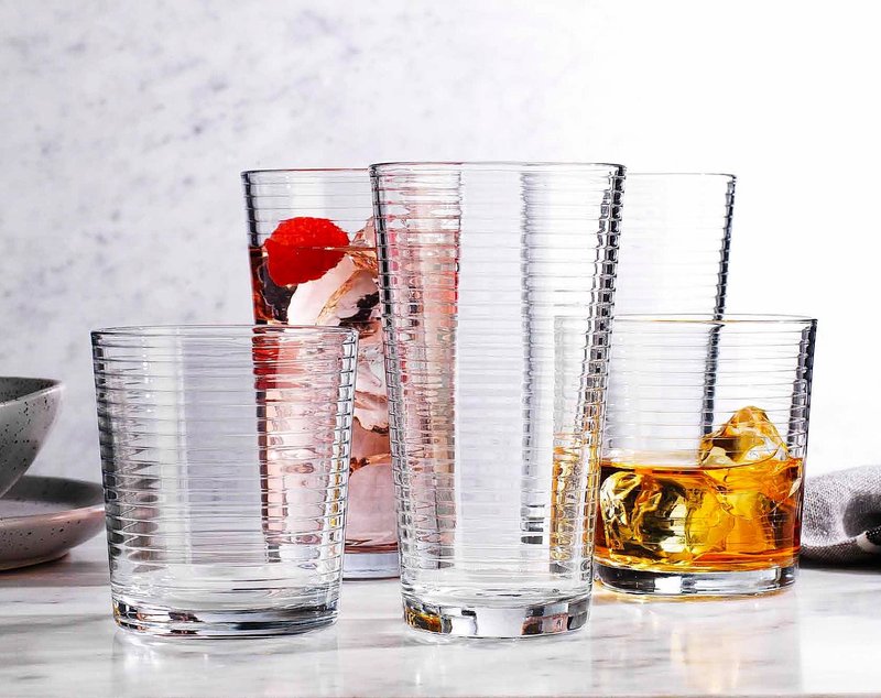 Drinking Glasses - Set of 8 Glass Cups, 4 Highball Glasses (17oz) 4 Rocks Glasses (13oz) Ribbed Glasses for Mixed Drinks, Water, Juice, beer, Wine, Excellent Gift!