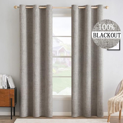 MIULEE 100% Blackout Linen Textured Curtains - Thermal Insulated Room Darkening Drapes | Warm Taupe, 42 x 84 Inch (2 Panels)