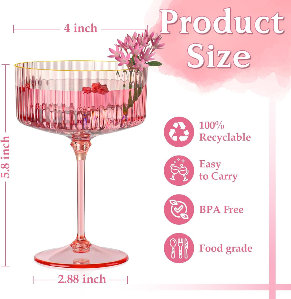 Skiennix 12 PCS Pink Ribbed Coupe Glasses - 10oz Vintage Cocktail Cups with Detachable Gold Rim