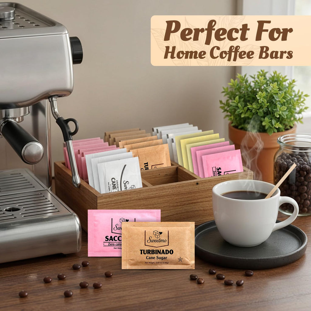Sweetmo Sugar Packets Variety Pack - Sucralose, Raw, Cane Sugar & Stirrers - 400 Count for Coffee & Tea