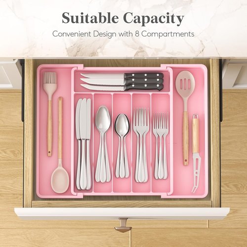 Lifewit Expandable Silverware Drawer Organizer - BPA Free Utensil Tray for Kitchen | Adjustable Pink Storage (10.9"-17.5" x 13.7")