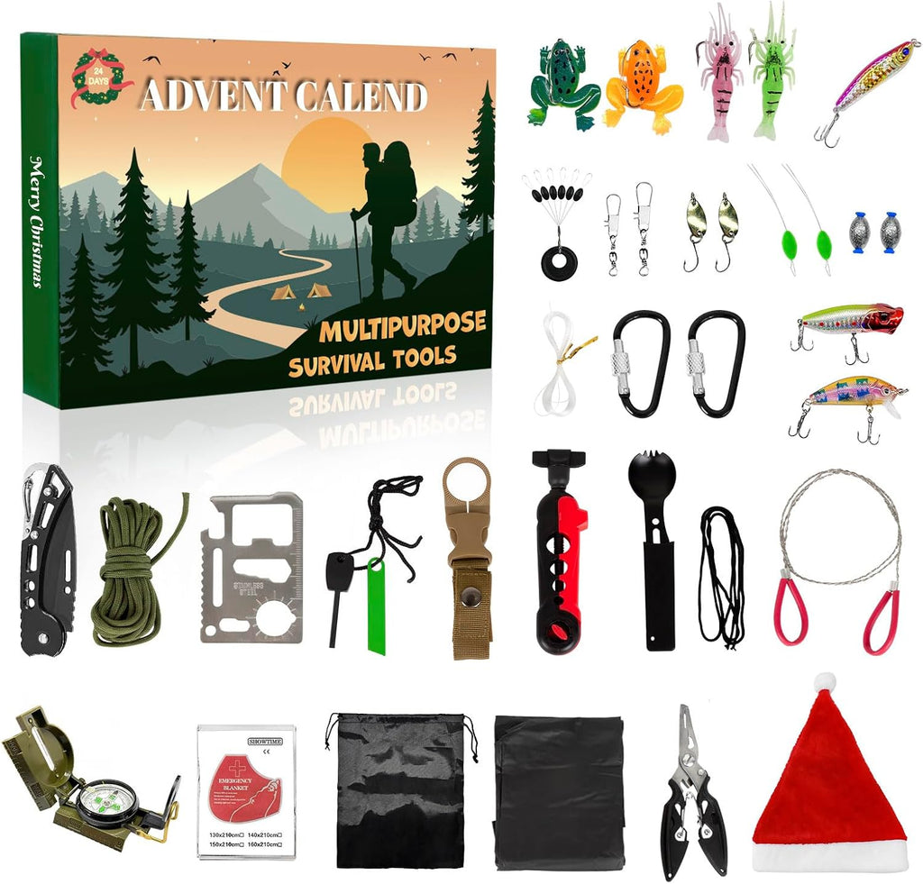 Skiennix 2025 Survival Kit Advent Calendar for Men - 33-Piece Outdoor Gear for Camping, Fishing & Hunting