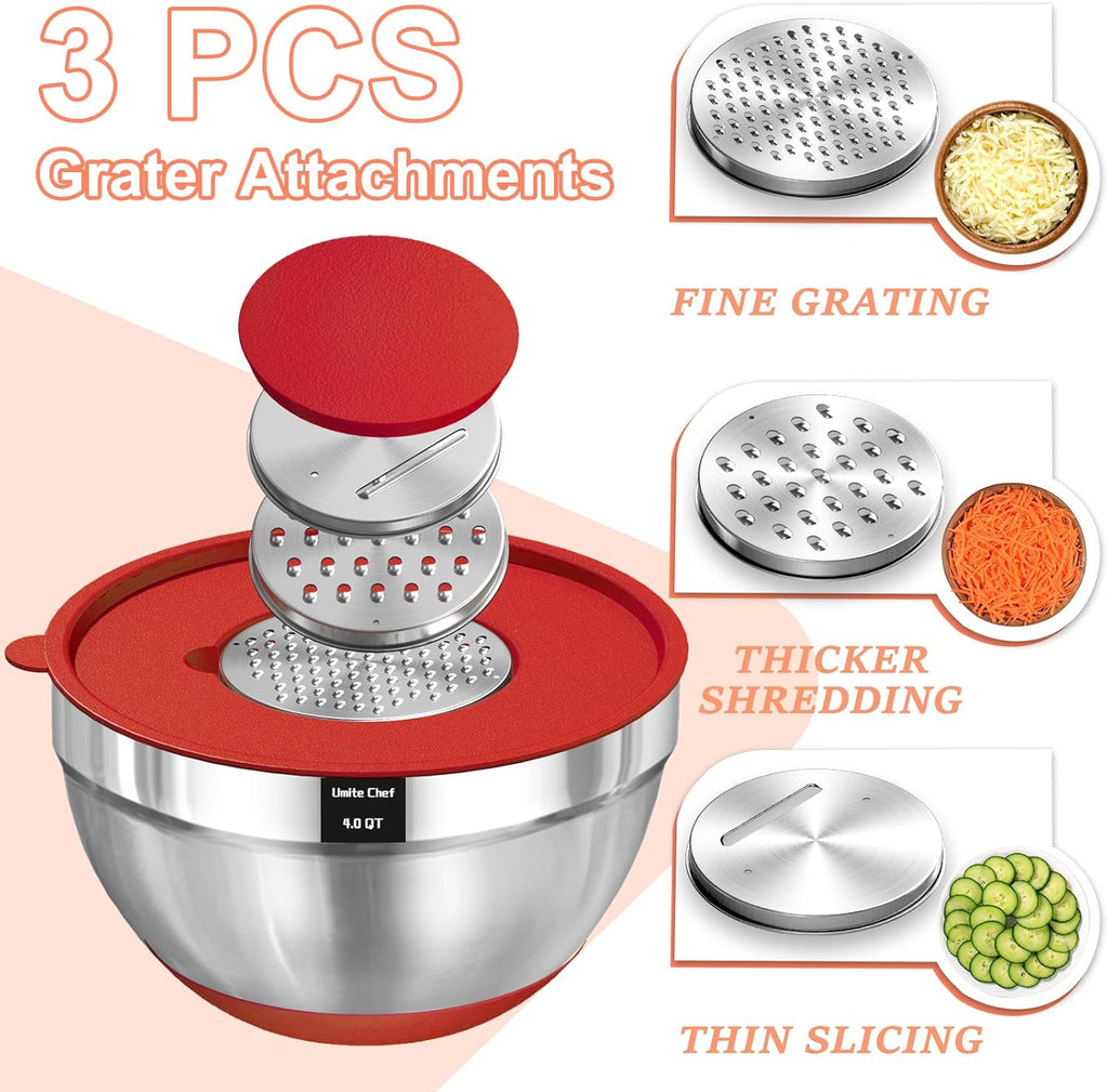 Umite Chef Mixing Bowls Set - 8PCS Stainless Steel with Airtight Lids & Non-Slip Bottoms | Includes Grater Attachments, 1.5QT to 5QT