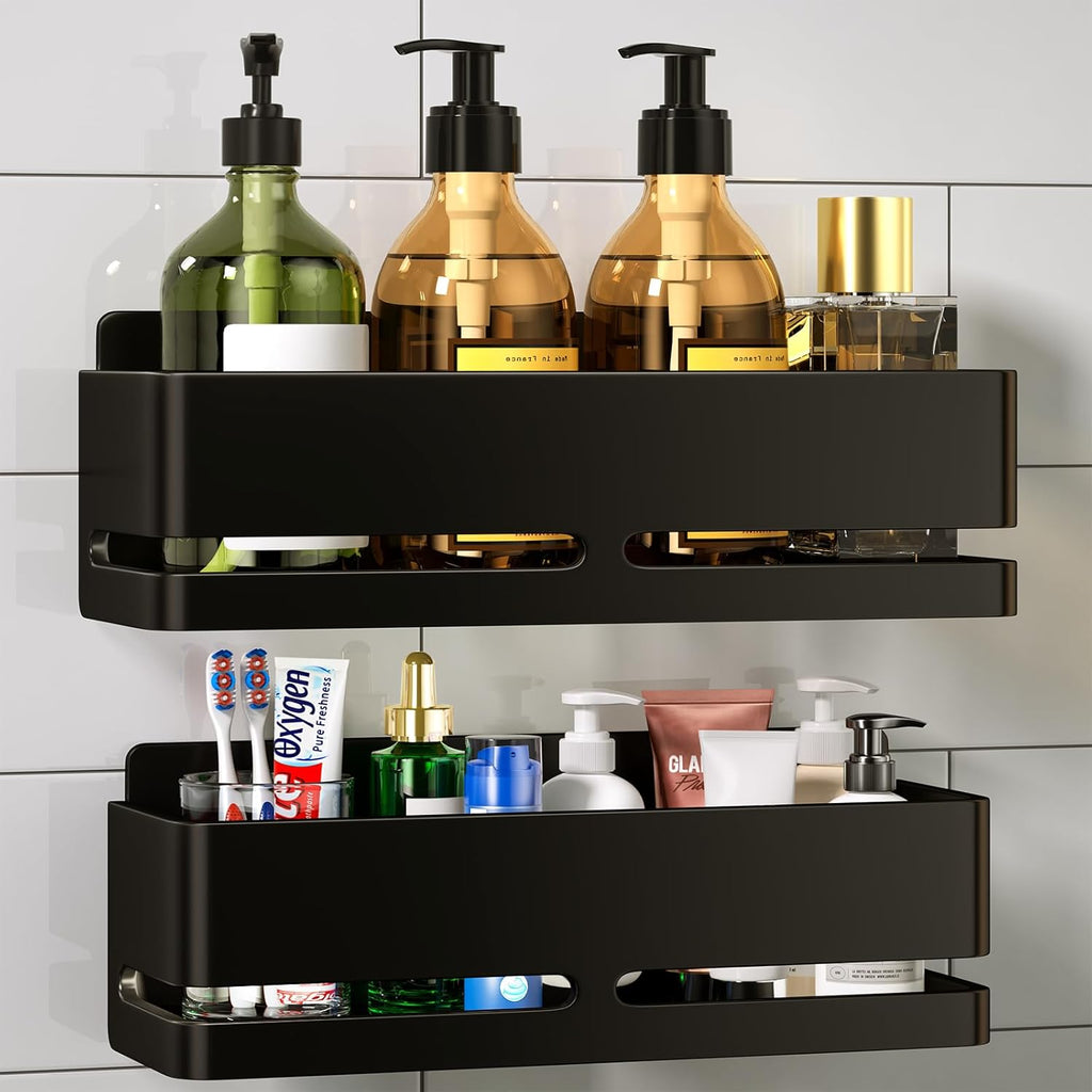 Regine Switzerland Shower Caddy - Heavy-Duty No-Drill Bathroom Organizer | 2-Pack Black Metal Storage Shelf
