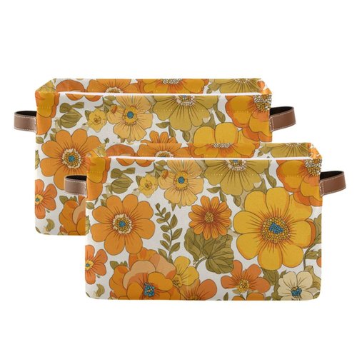 Aslsiy Storage Basket Vintage 70s Style Flowers Nursery Bins Baby Box Canvas Clothes Shelf Basket Laundry Hamper Gift Baskets for Home Closet 1 Pcs