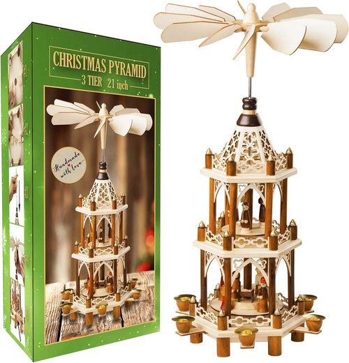German Christmas Decoration Pyramid - 21-Inch Wooden Nativity Scene - 3-Tier Carousel with 6 Candle Holders | Holiday Tabletop Decor