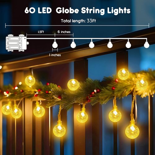 Minetom Crystal Globe String Lights - 33 ft 60 LED Battery Operated Fairy Lights with Remote & 8 Modes | Waterproof Warm White for Bedroom, Tent, Patio, Wedding Decor