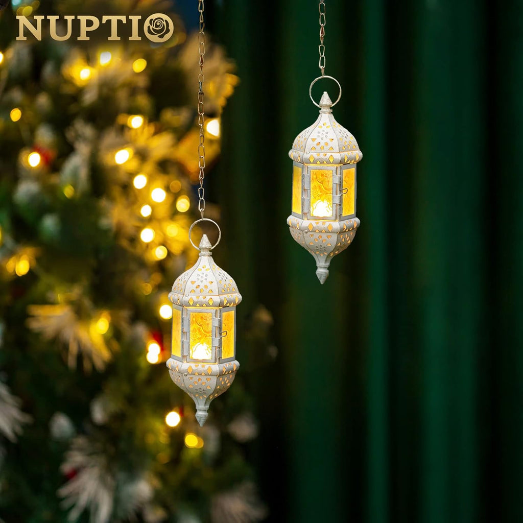 Skiennix Moroccan Lantern | Metalwork Hanging Tealight Candle Holder | Battery Operated LED | 35cm Chain, White