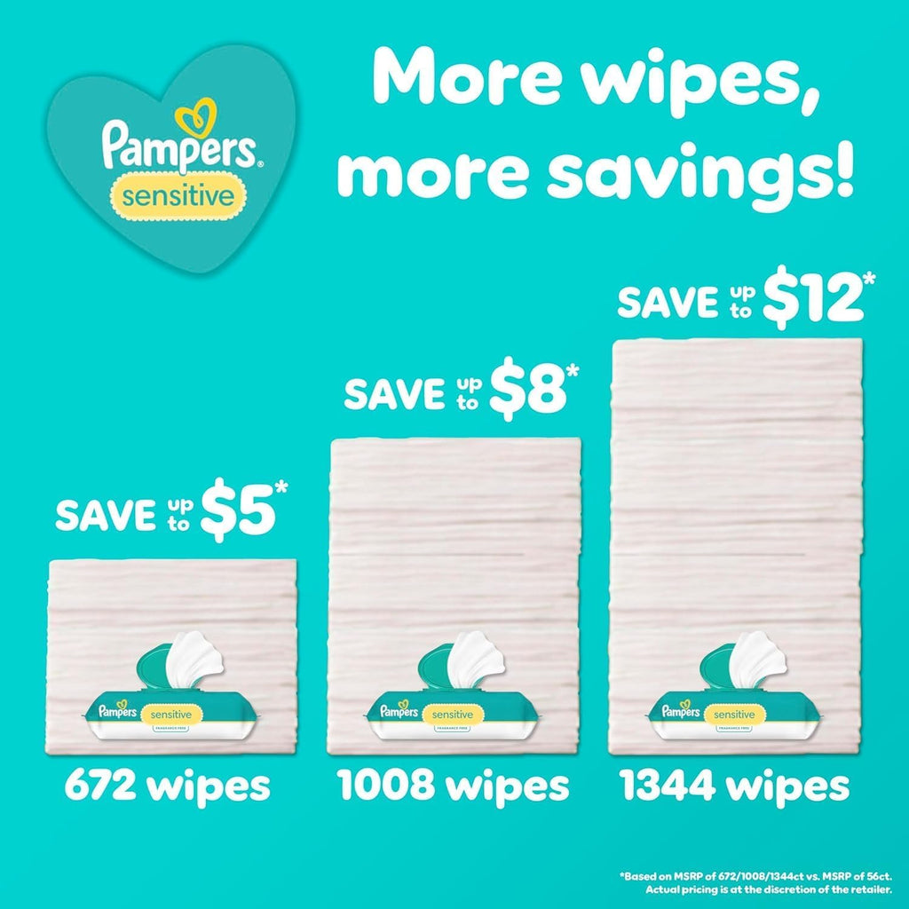 Pampers Sensitive Baby Wipes - Hypoallergenic, Unscented, Water-Based | 18 Flip-Top Packs (1008 Wipes)