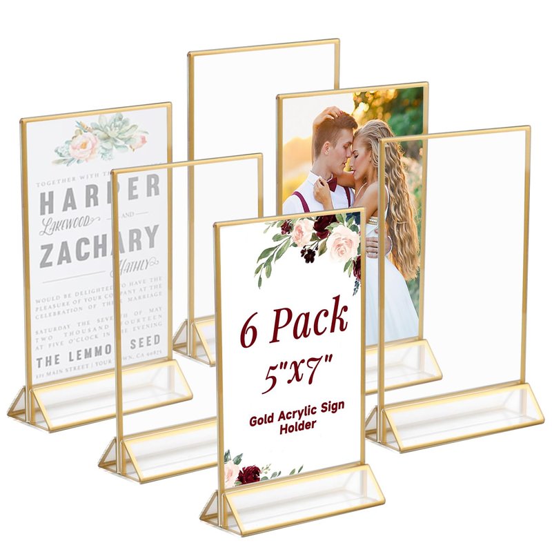 Ayuanb 5x7 Inch Acrylic Sign Holder with Gold Borders, 6 Pack Gold Picture Frames for Wedding, Double Sided Table Number Holders Menu Holders, Acrylic Stands for Display, Restaurant Signs