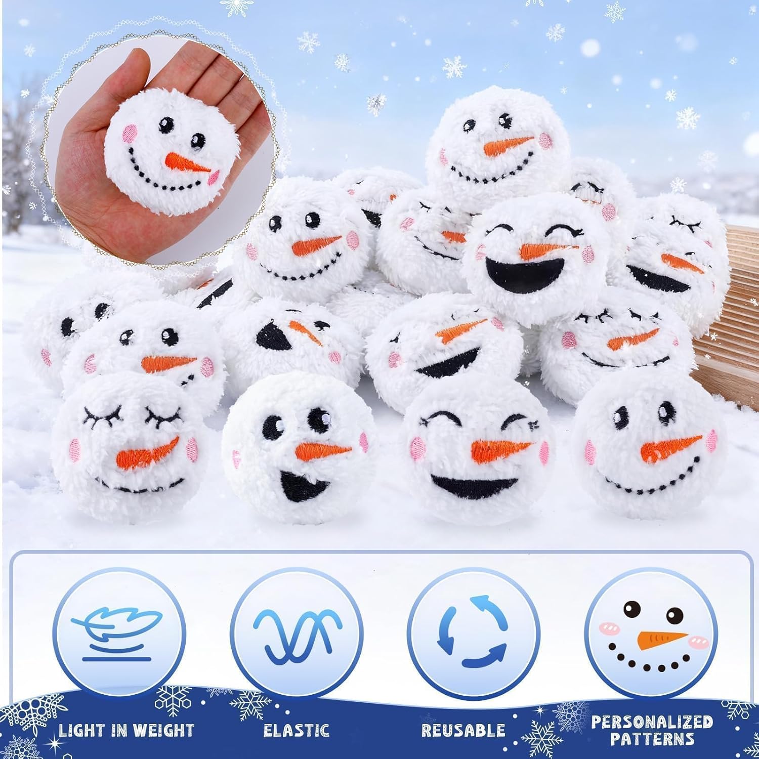 Snow Fake Balls - 2.8 Inch Smiling Snowman Face Snowballs for Indoor/Outdoor Winter Fun | Dark Red & Blue