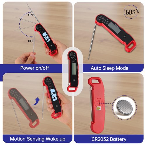 Lonicera Digital Meat Thermometer - Instant Read in 1 Sec, ±0.9℉ Accuracy | Waterproof, Auto-Rotating Display (Red)