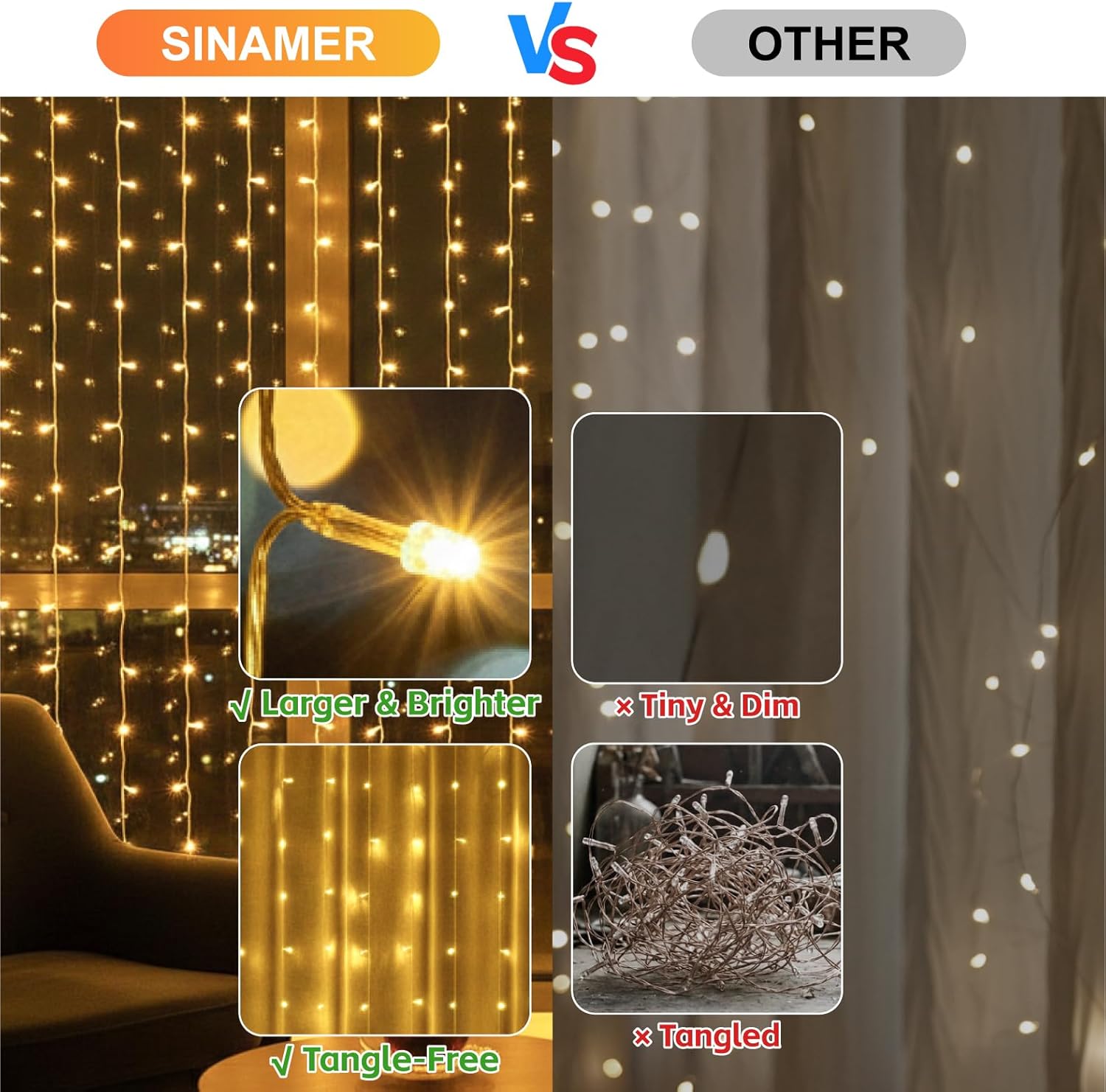Skiennix 200LED Curtain Lights - Warm White Fairy String Lights | 6.6x6.6ft, 8 Modes Remote Control for Home & Party Decor
